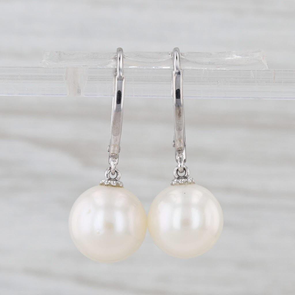 Cultured Pearl Diamond Drop Earrings 14k White Gold Lever Backs