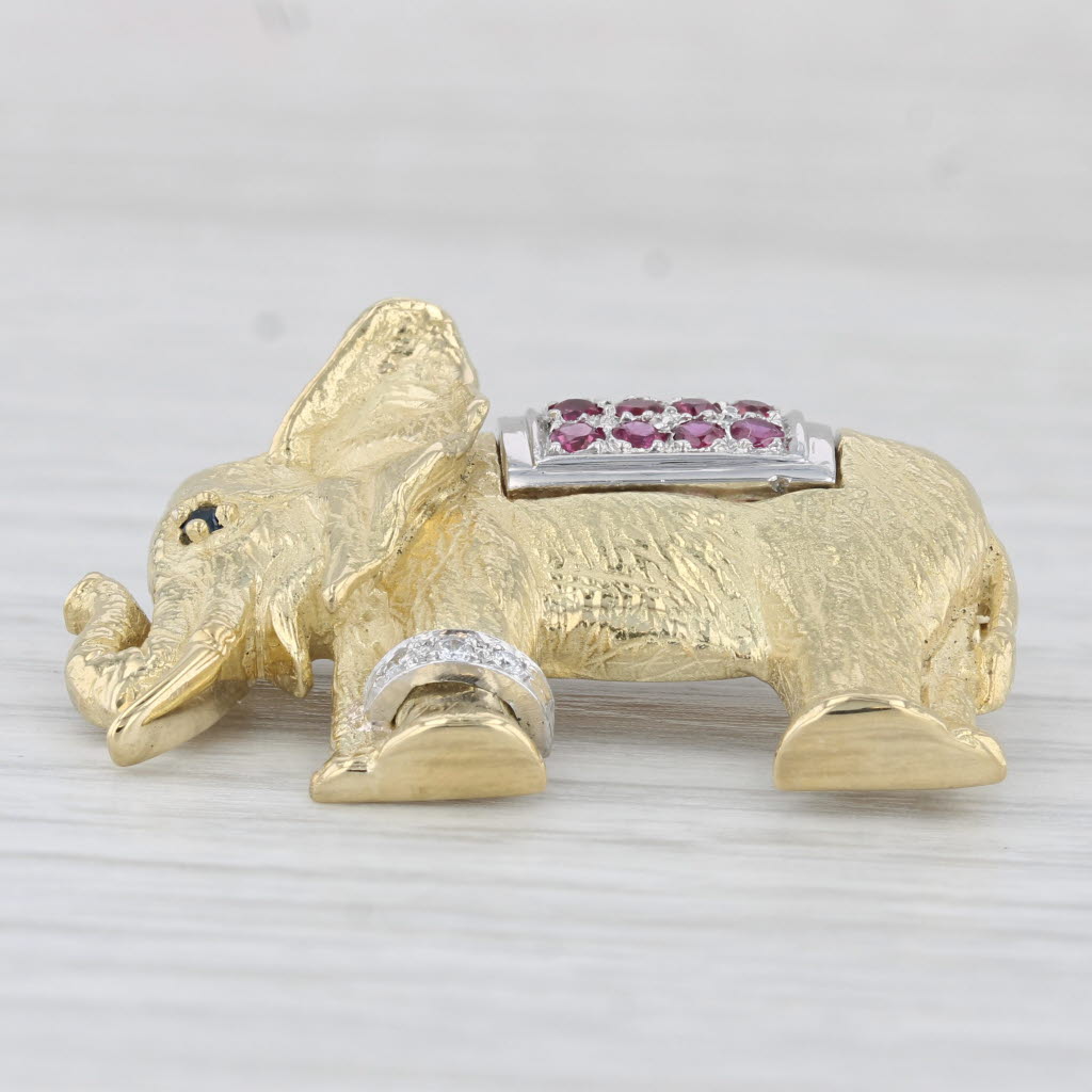 Light Gray 0.45ctw Ruby Diamond Sapphire Elephant Brooch 18k Yellow Gold Platinum Pin