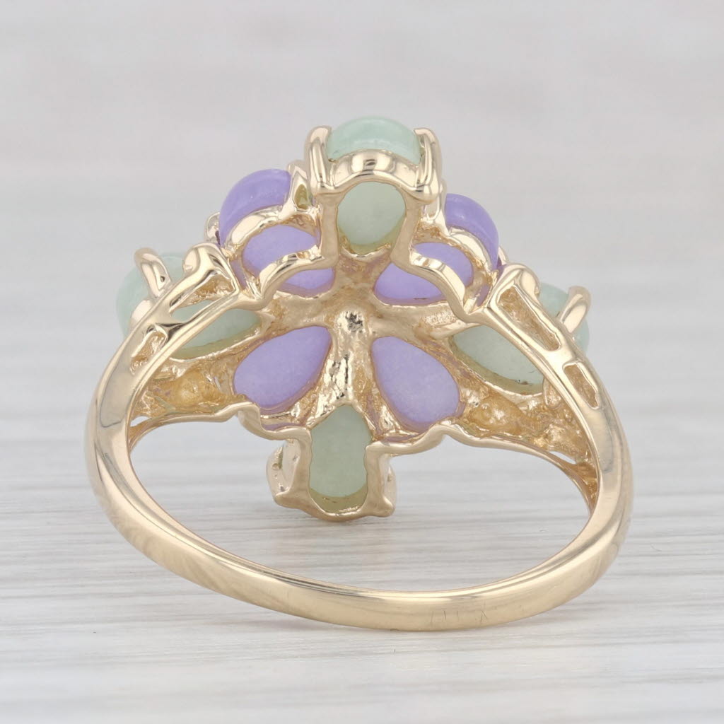 Light Gray Lavender Green Jadeite Jade Flower Ring 14k Yellow Gold Size 7.25 Cluster