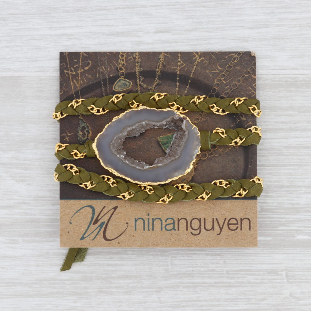 New Nina Wynn Cordelia Necklace Druzy Geode Woven Green Leather