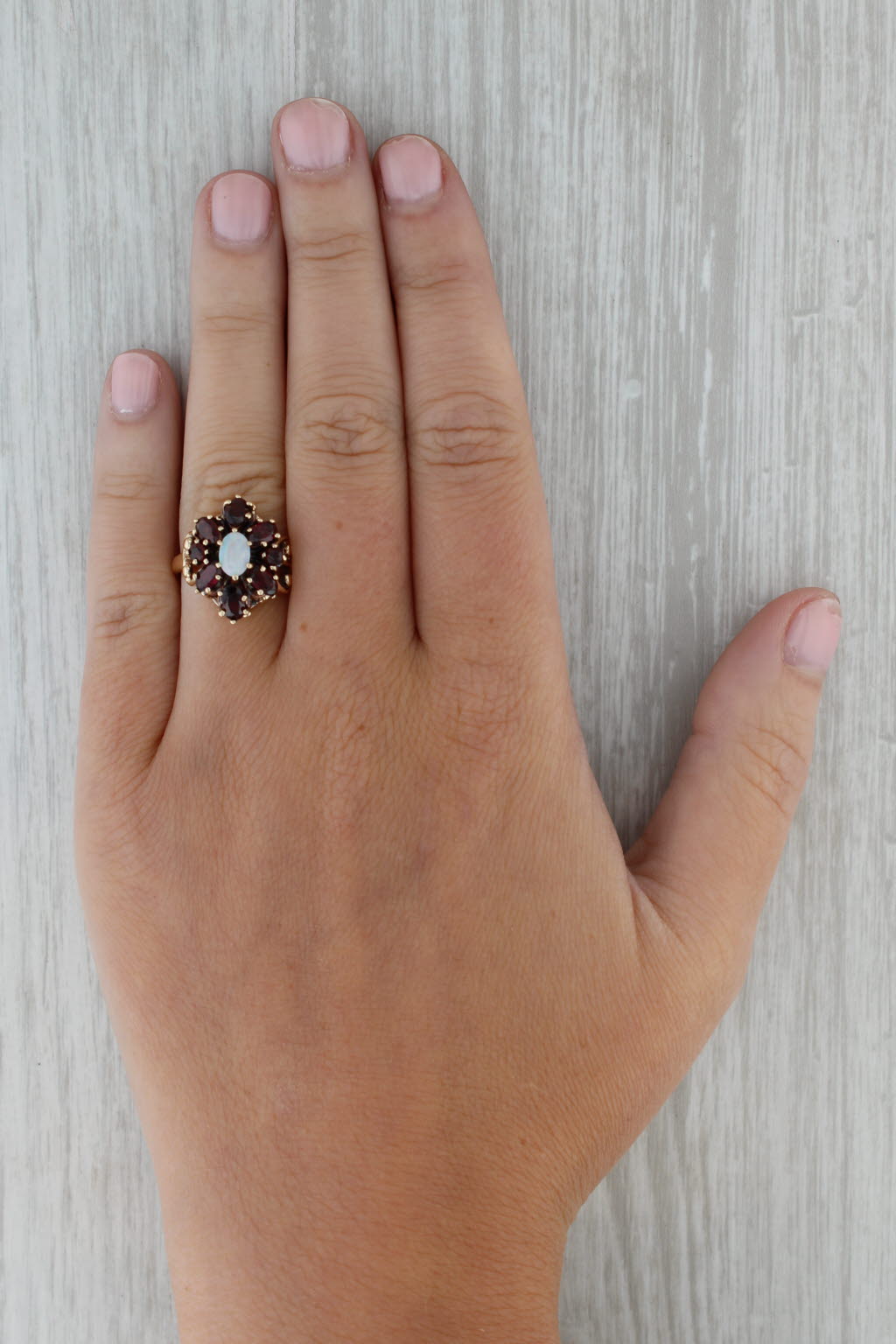 Rosy Brown Opal Garnet Flower Ring 10k Yellow Gold Size 6.25