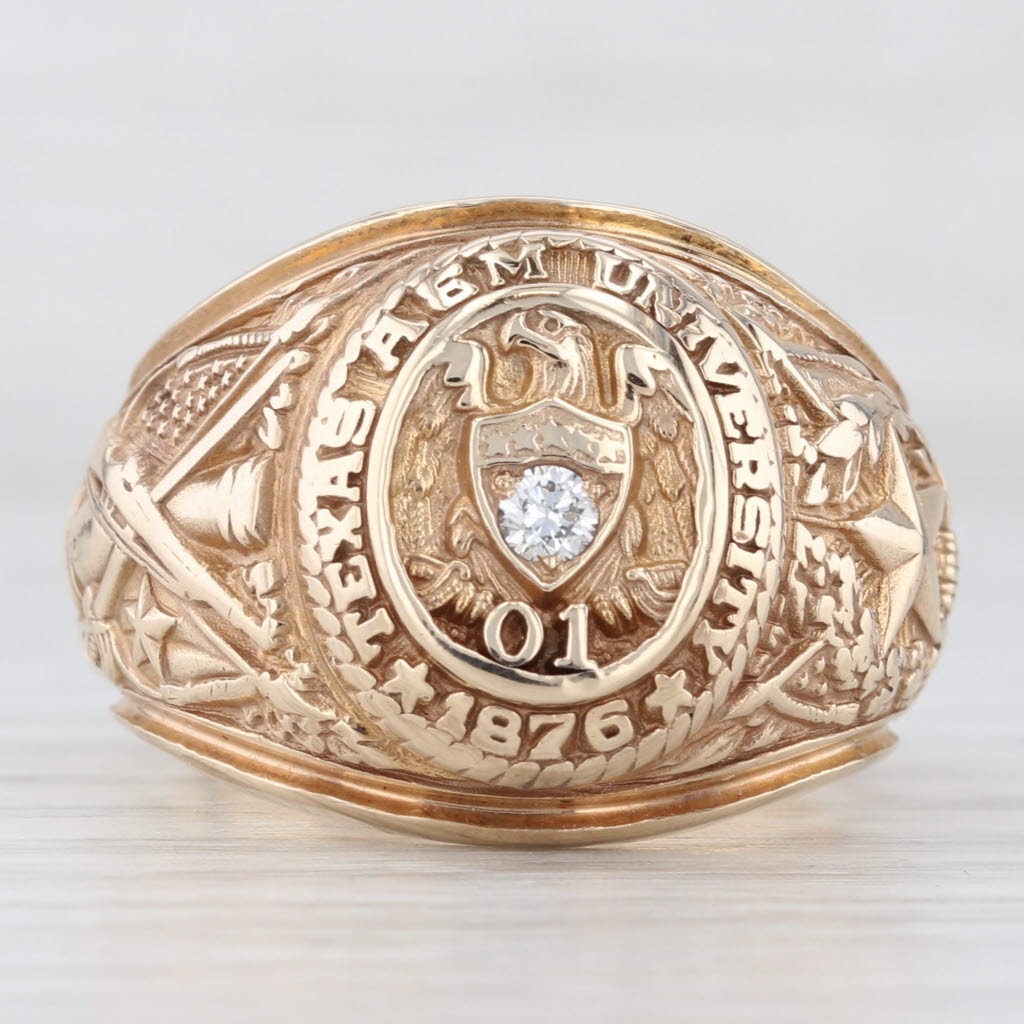 Light Gray Diamond A & M College of Texas Class Ring 10k Yellow Gold Sz 10 Engraved Signet