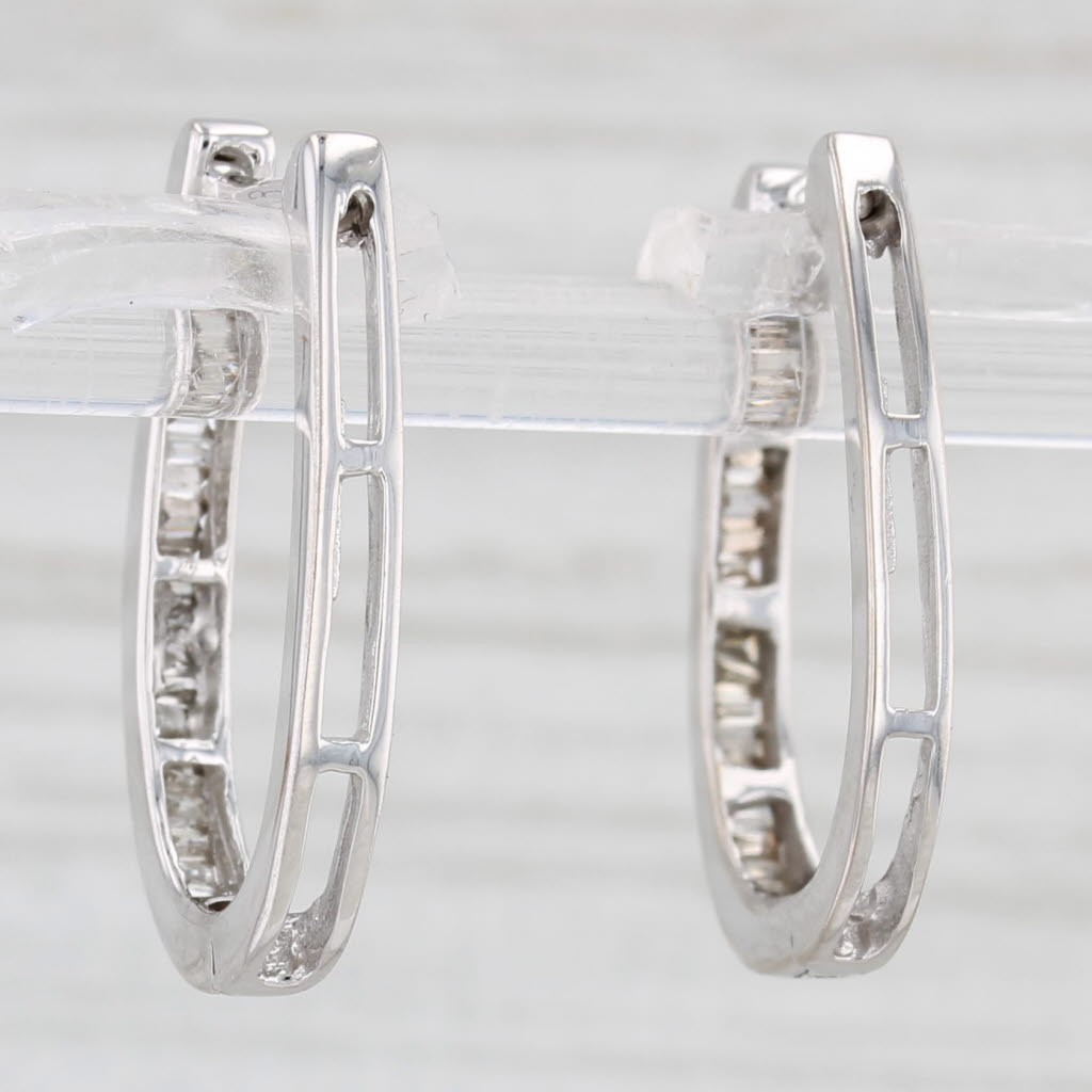 Light Gray 0.24ctw Diamond Oval Hoop Earrings 10k White Gold Hinged Snap Top