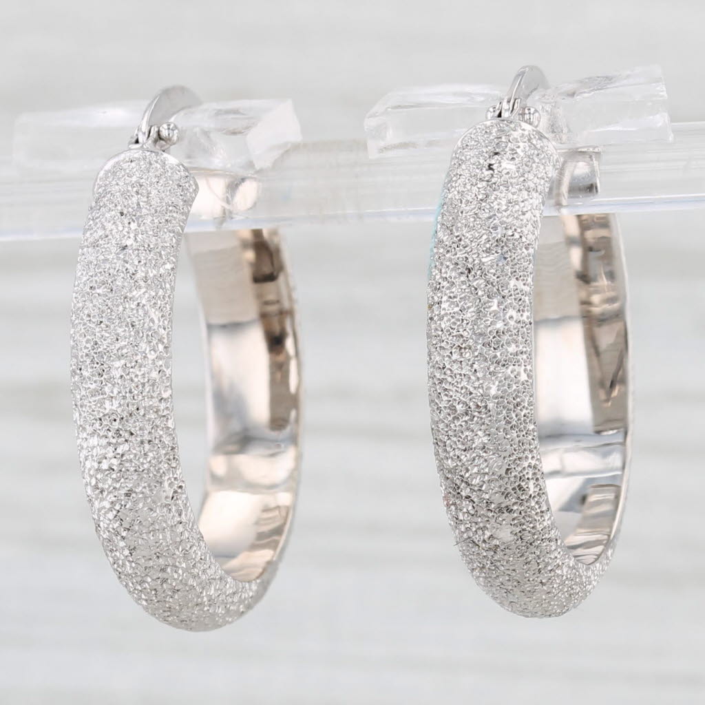 Light Gray Brushed Hoop Earrings 14k White Gold Snap Top Round Hoops Italy