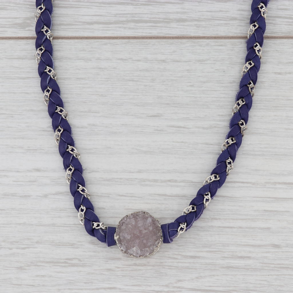 New Nina Wynn Cordelia Necklace White Druzy Pendant Woven Purple Leather