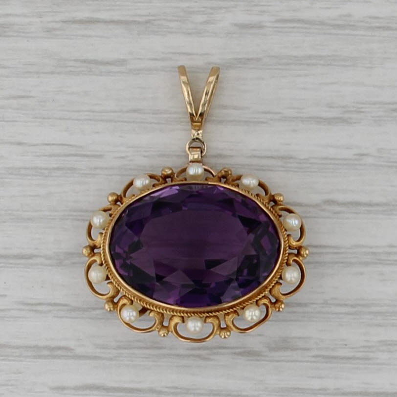 Antique 21.20ct Amethyst Seed Pearl Halo Pendant 18k Yellow Gold Statement