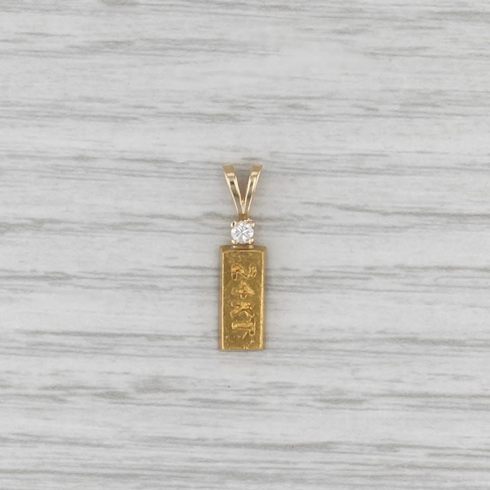 Diamond Accented 24k Gold Bar Pendant 14k Bail Small Drop