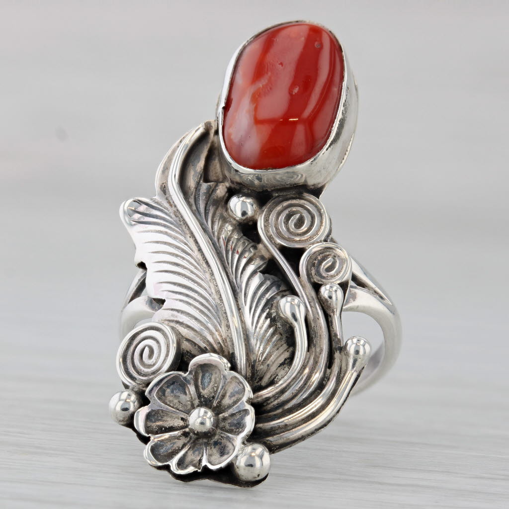 Gray Vintage Yazzie Navajo Native American Coral Feather Ring Sterling Silver