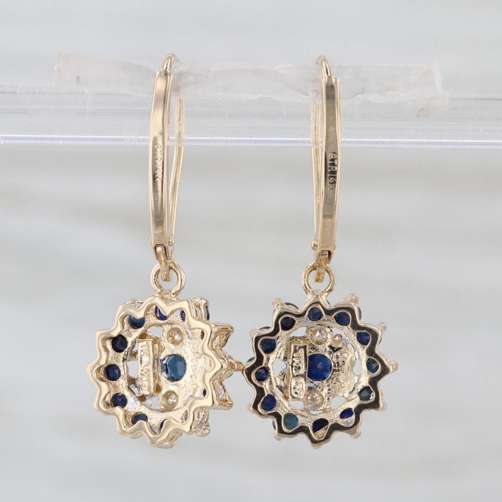 0.96ctw Sapphire Diamond Flower Cluster Dangle Earrings 14k Gold Lever Backs