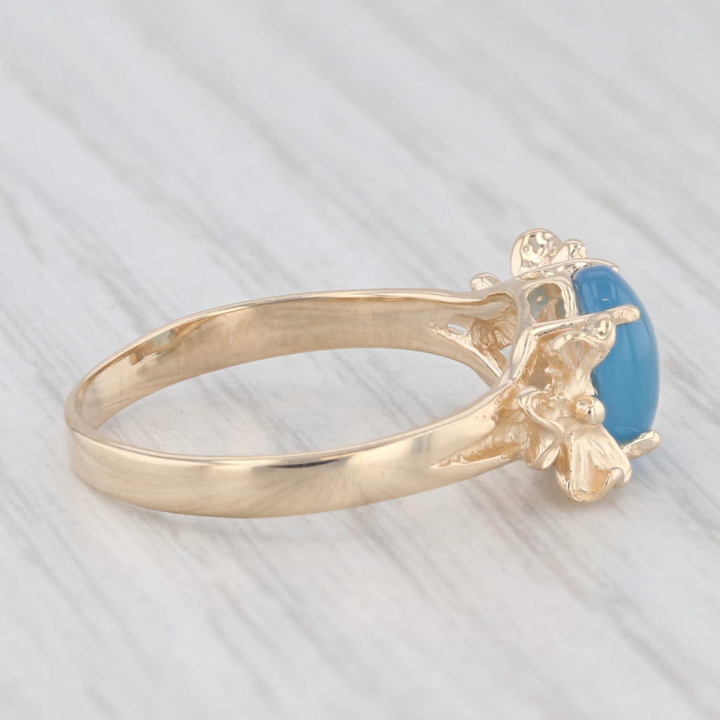 Light Gray Oval Cabochon Blue Chalcedony Solitaire Flower Ring 10k Yellow Gold Size 6.25