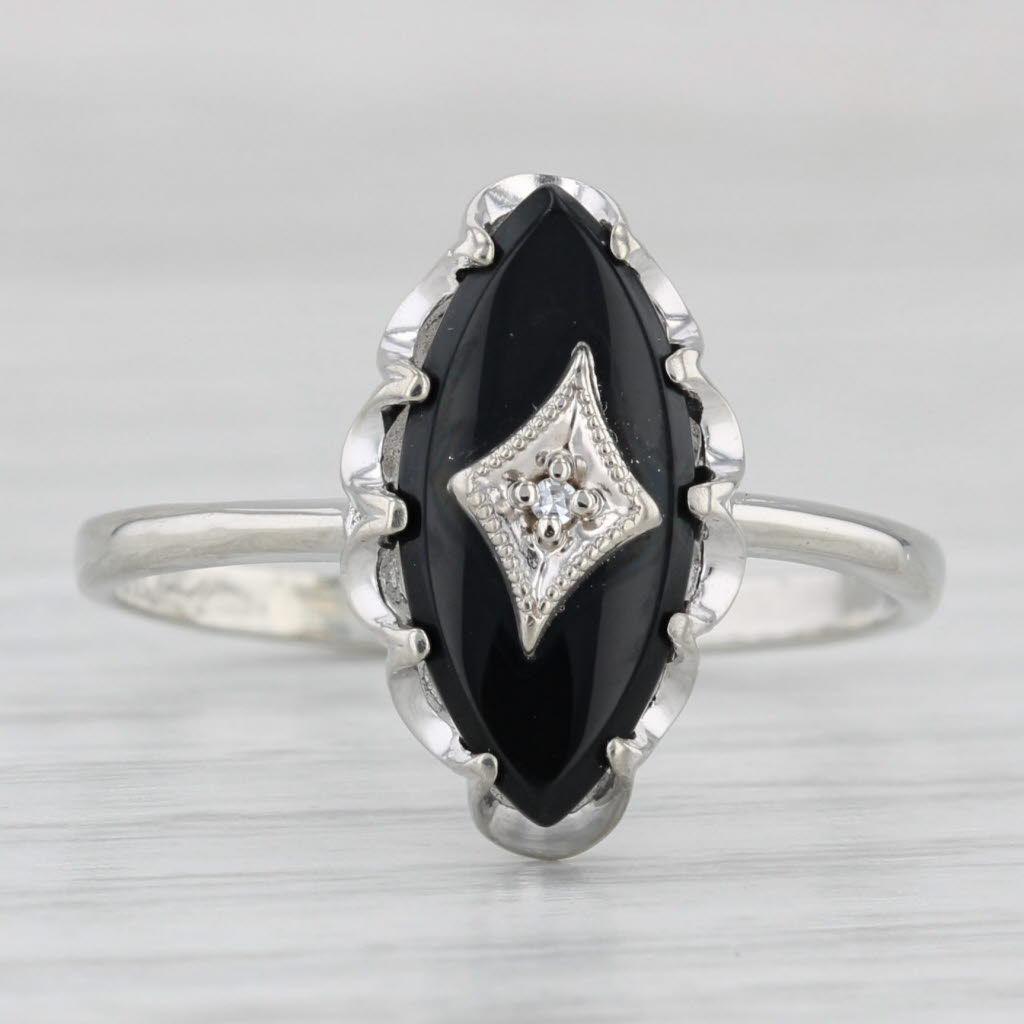 Light Gray Navette Onyx Diamond Signet Ring 10k White Gold Size 8.75