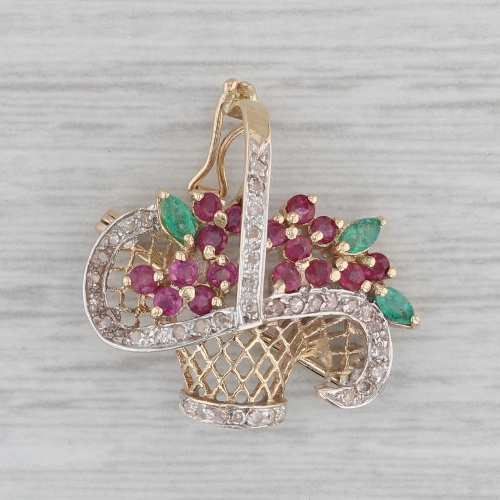 Gray 0.75ctw Diamond Ruby Emerald Flower Basket Pin Pendant 14k Yellow Gold Brooch