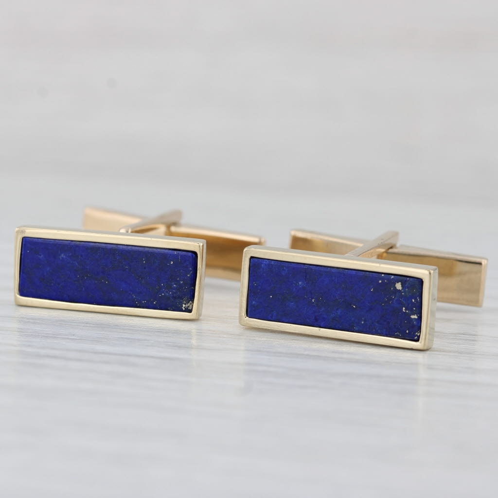 Light Gray Lapis Lazuli Cufflinks 14k Yellow Gold Folding Bar Backs Men's Suite Accessory