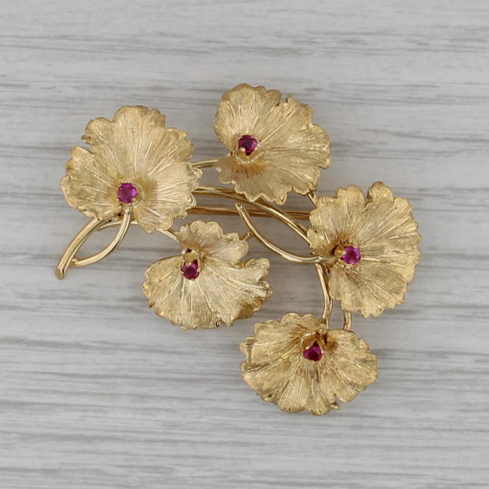 Tiffany & Co 0.25ctw Ruby Flower Brooch 18k Yellow Gold Vintage Floral Pin