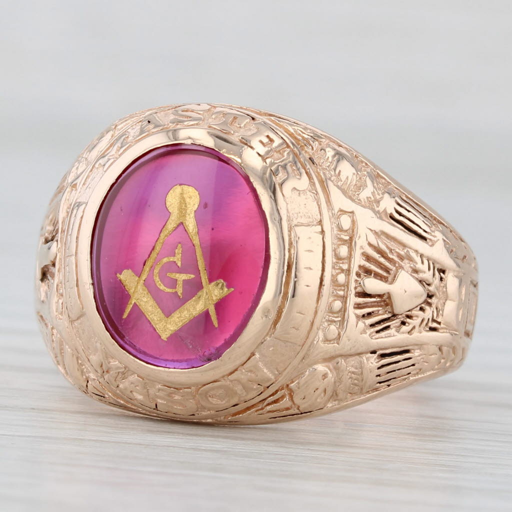 Light Gray Vintage Masonic Signet Ring 10k Gold Lab Created Ruby Square Compass Blue Lodge