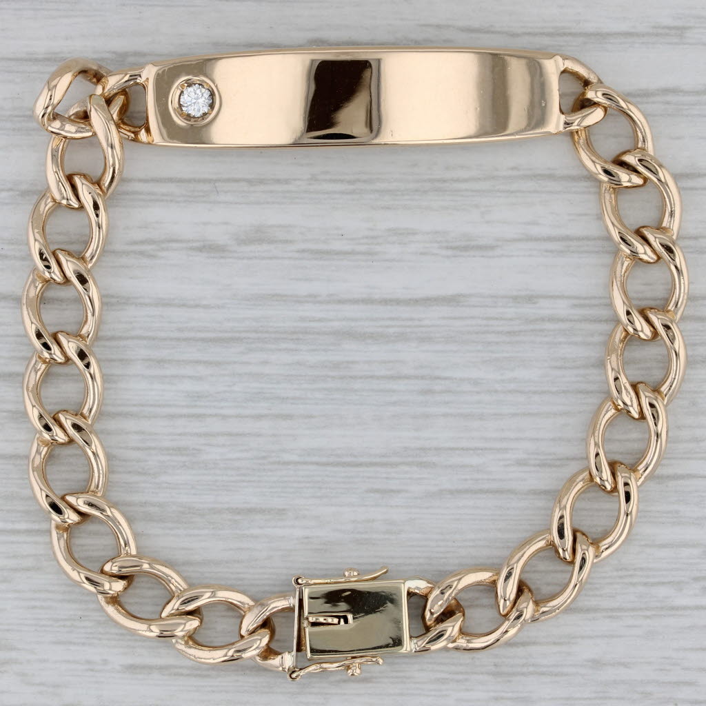 Gray 0.10ct Diamond ID Bracelet 14k Yellow Gold Curb Chain Engravable 7"