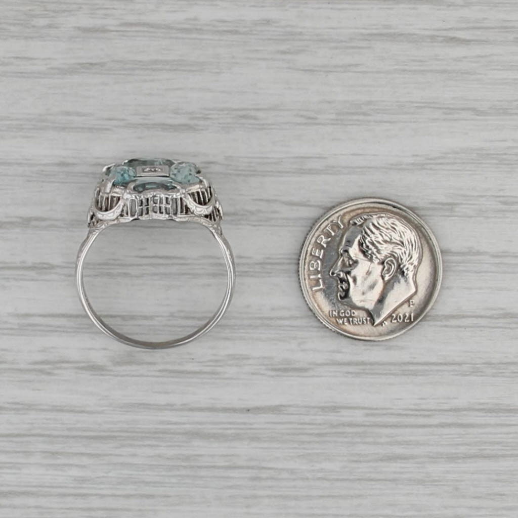 Vintage Aquamarine Diamond Ring 14k White Gold Filigree Size 7.5