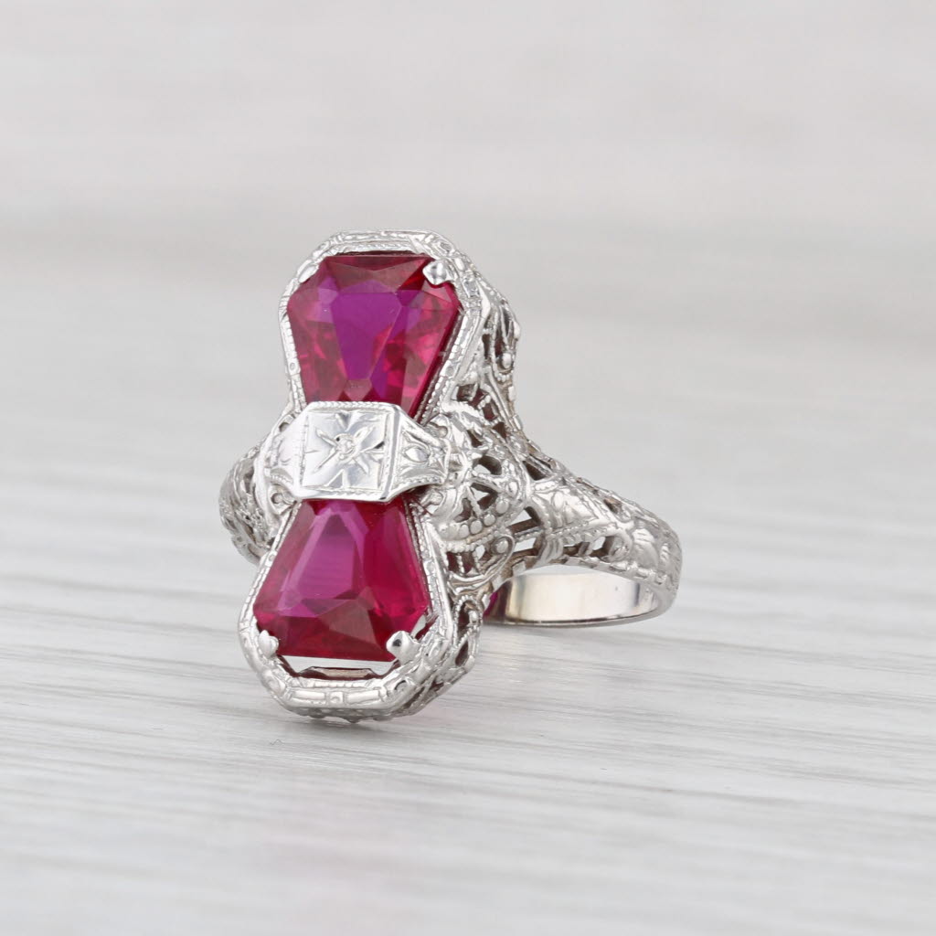 Art Deco Lab Created Ruby Filigree Ring 14k White Gold Size 5