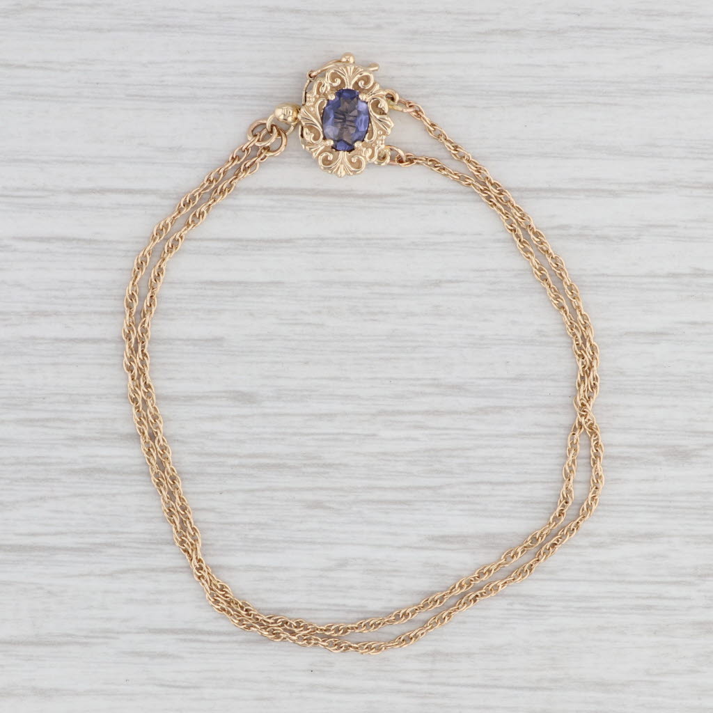 Light Gray 0.65ct Blue Iolite Slide Charm Bracelet 14k Yellow Gold 7" Rope Chain