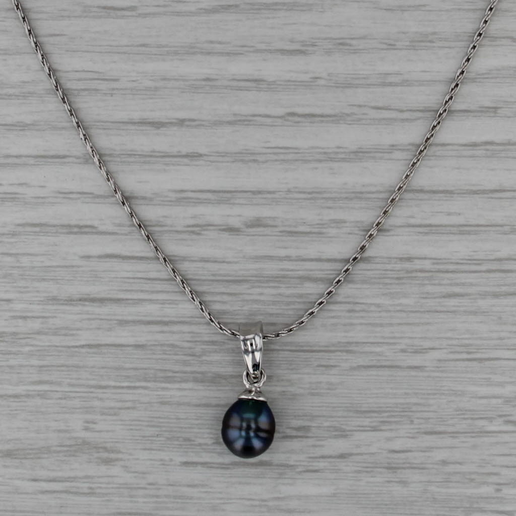 Cultured Black Pearl Diamond Pendant Necklace 14k White Gold 18" Wheat Chain