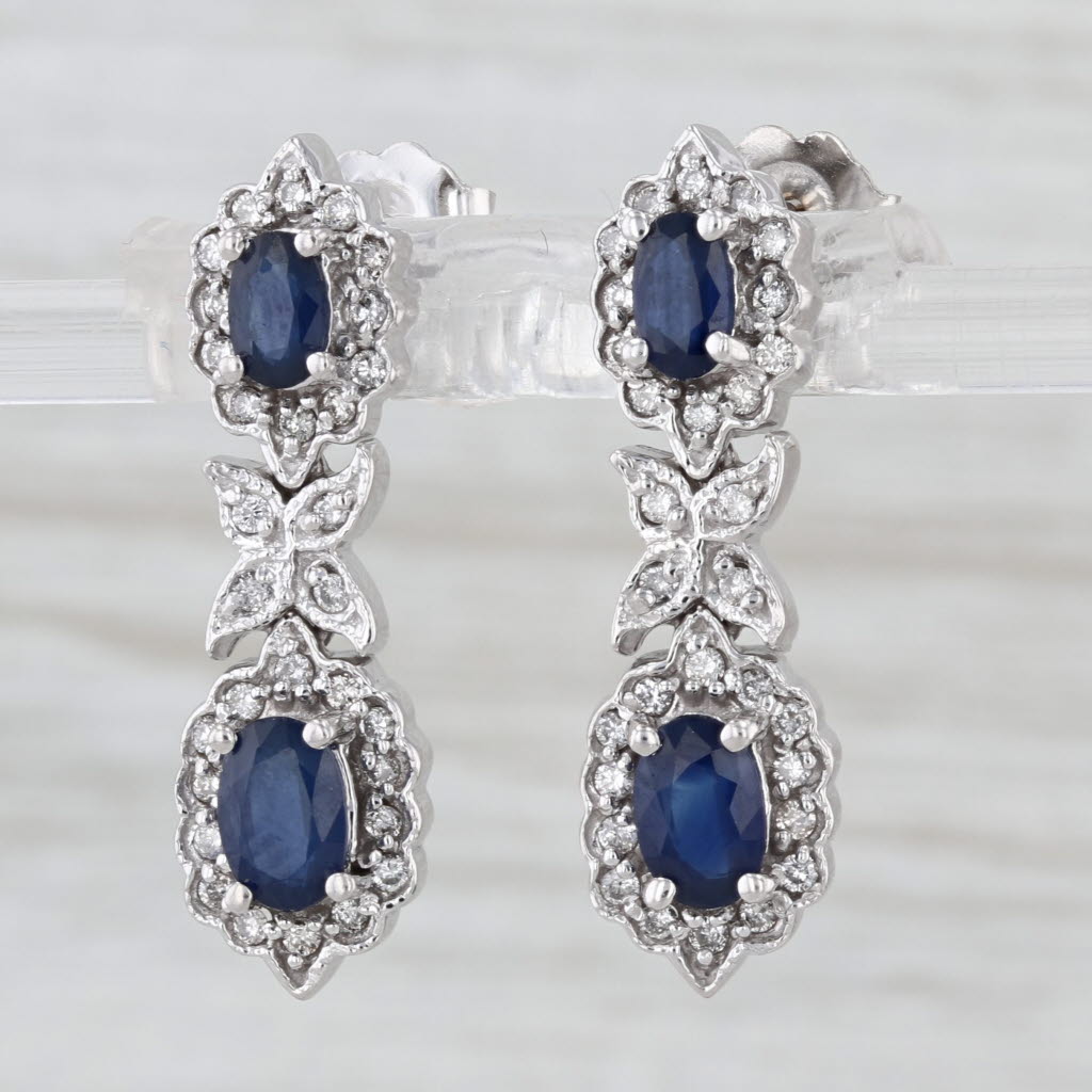 2.70ctw Blue Sapphire Diamond Halo Dangle Earrings 14k White Gold Drops