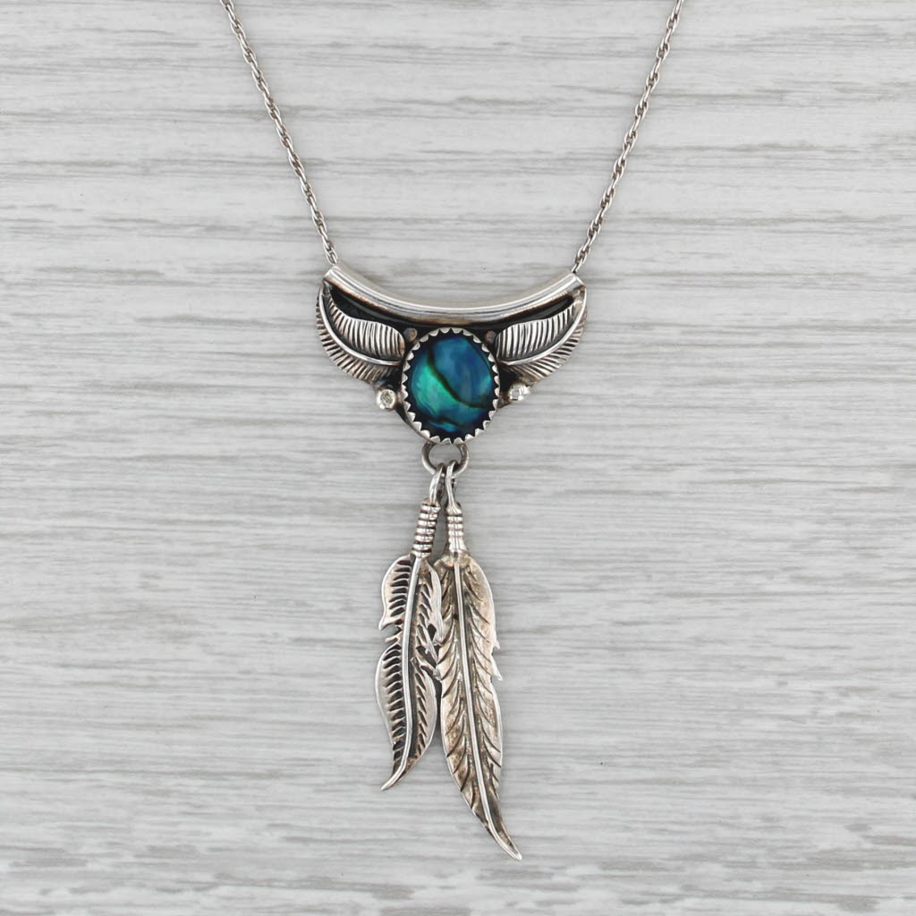 Vintage Navajo Native American Shell Pendant Necklace Sterling Silver 19"