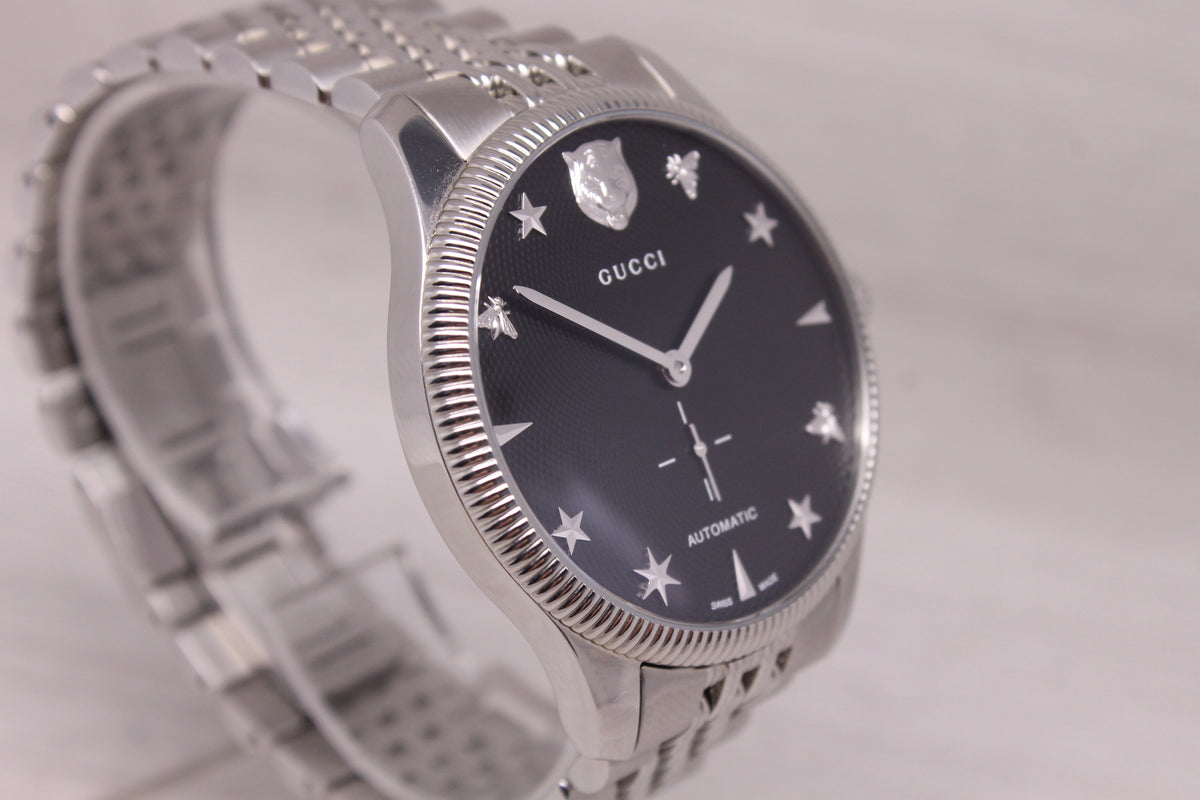 Gucci G-Timeless 40mm Steel Automatic Watch YA126353 Black Waffle Dial Box Set