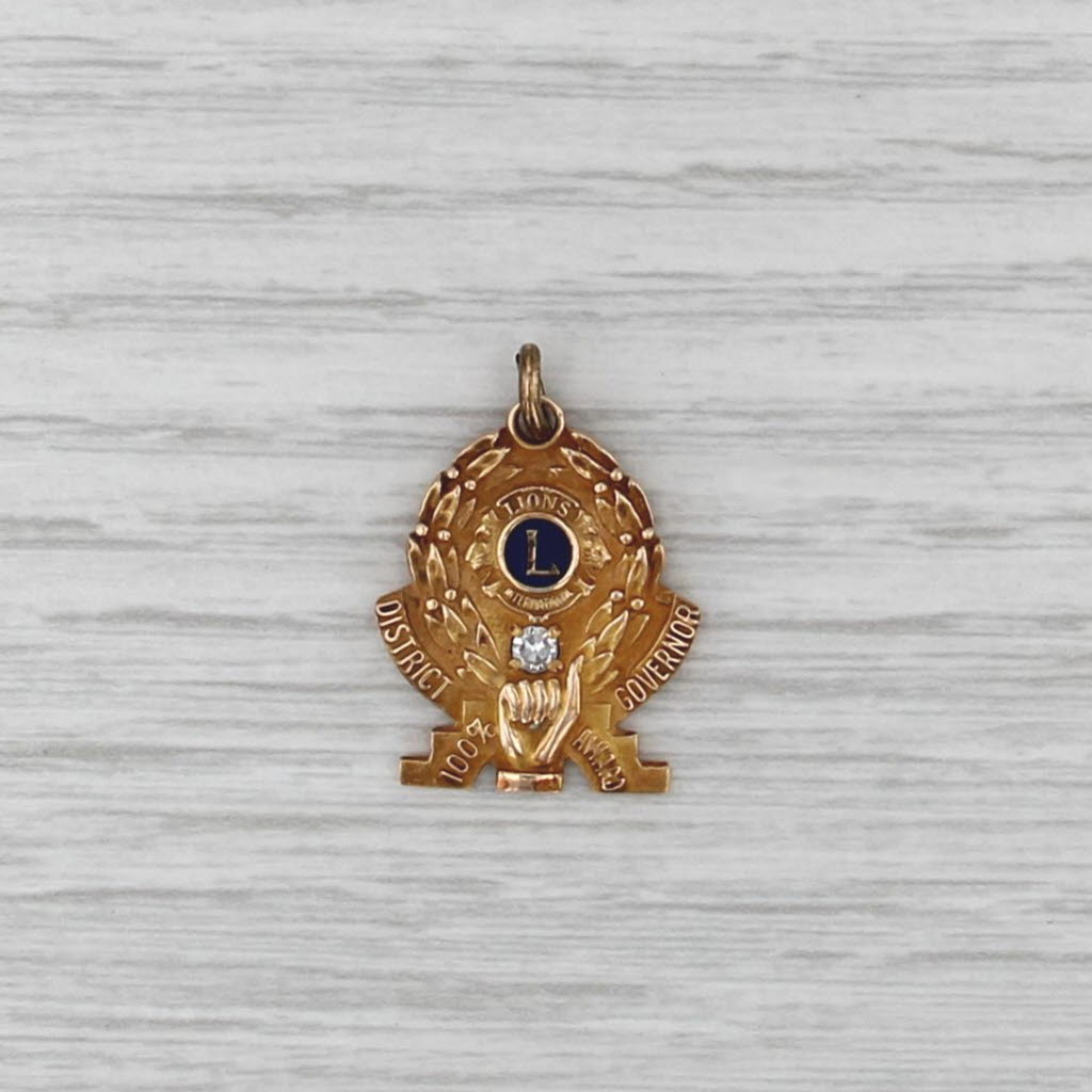 Vintage Lions Club Charm 10k Gold Diamond District Governor 100% Award