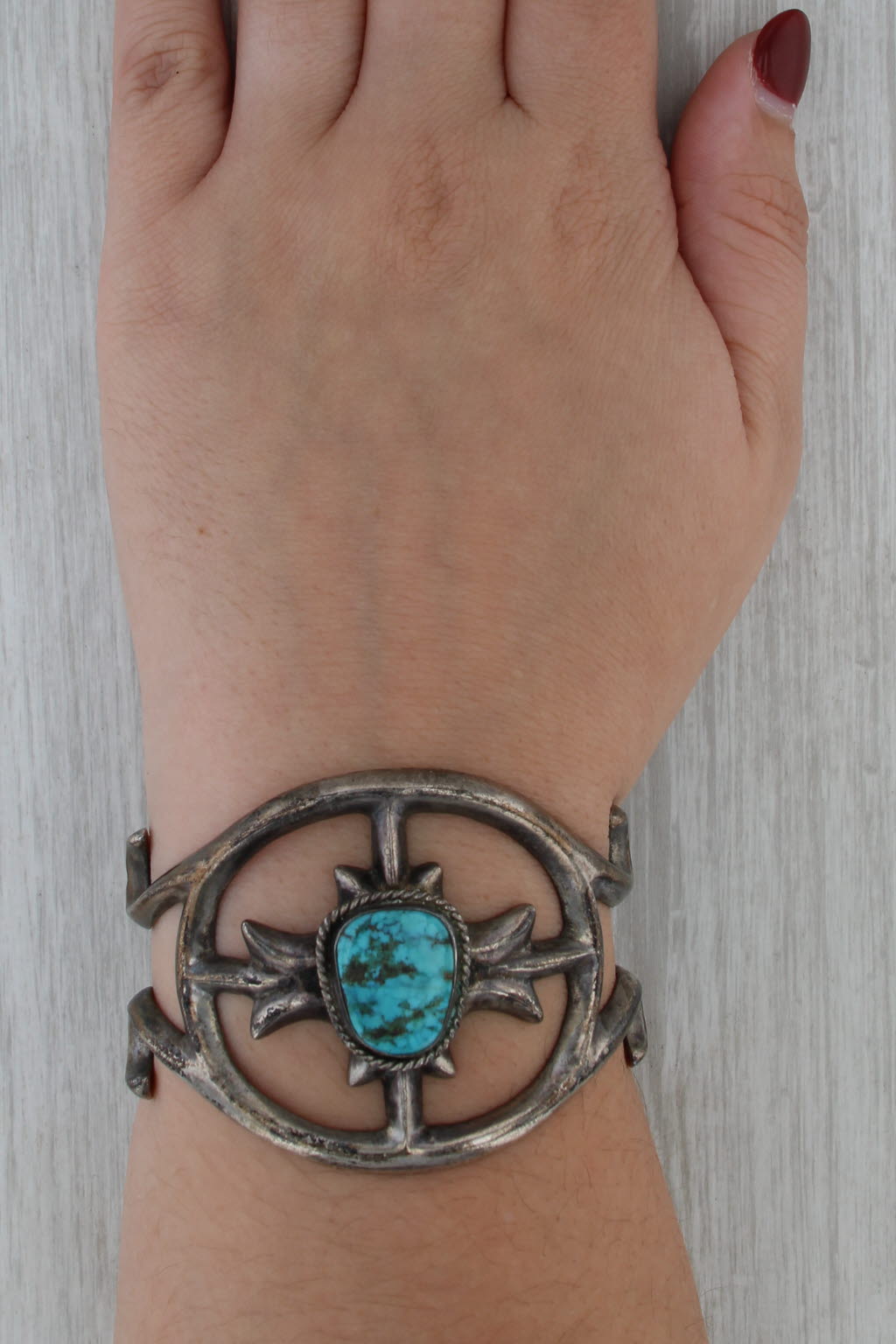 Turquoise Cuff Bracelet Sandcast Silver Vintage Native American Statement