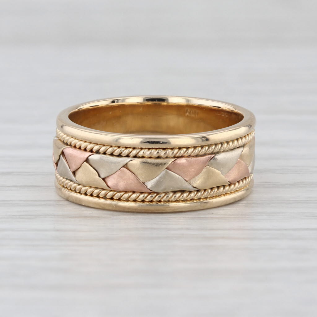 Woven Tri-Toned Gold Band 14k Yellow Rose White Gold Wedding Ring Size 6.75