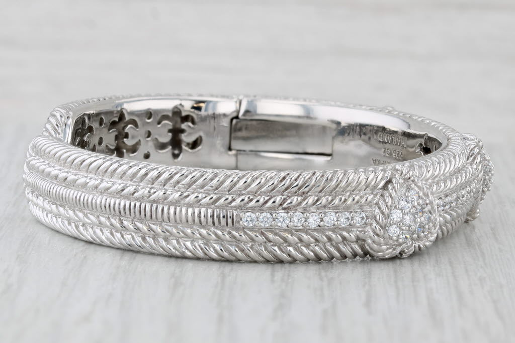 Light Gray Judith Ripka Pave Cubic Zirconia Hearts Cuff Bracelet Sterling Silver 7" 11.6mm