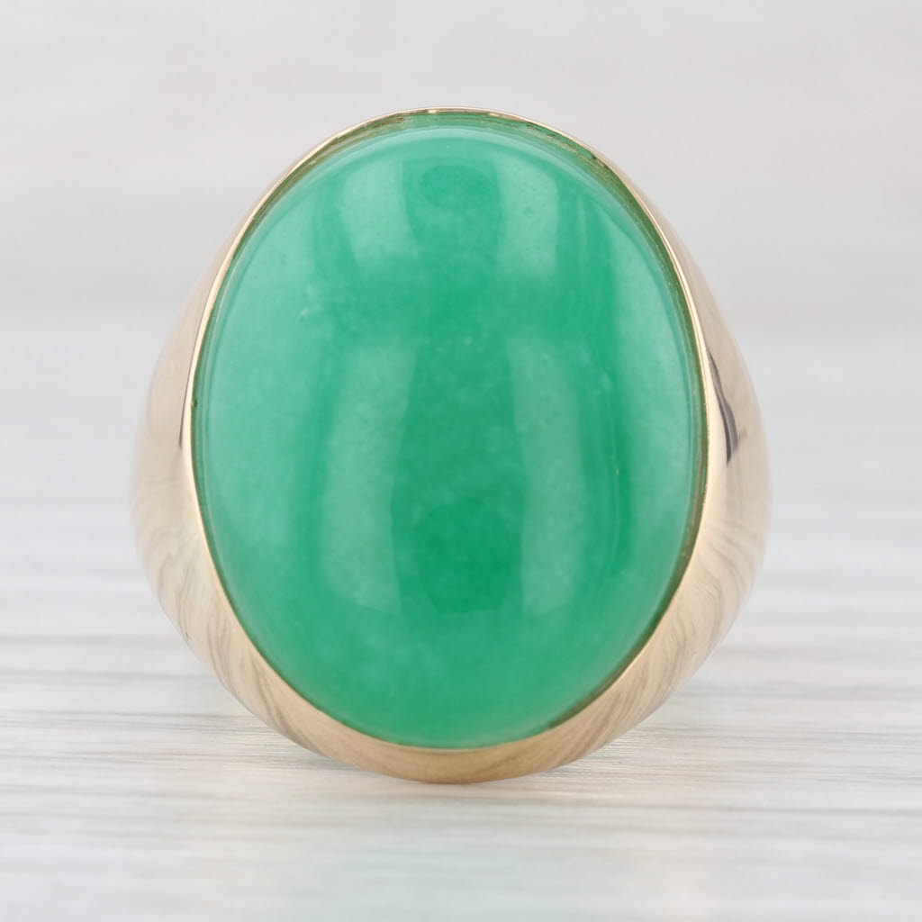 Large Jadeite Jade Ring 14k Yellow Gold Green Oval Cabochon Size 11