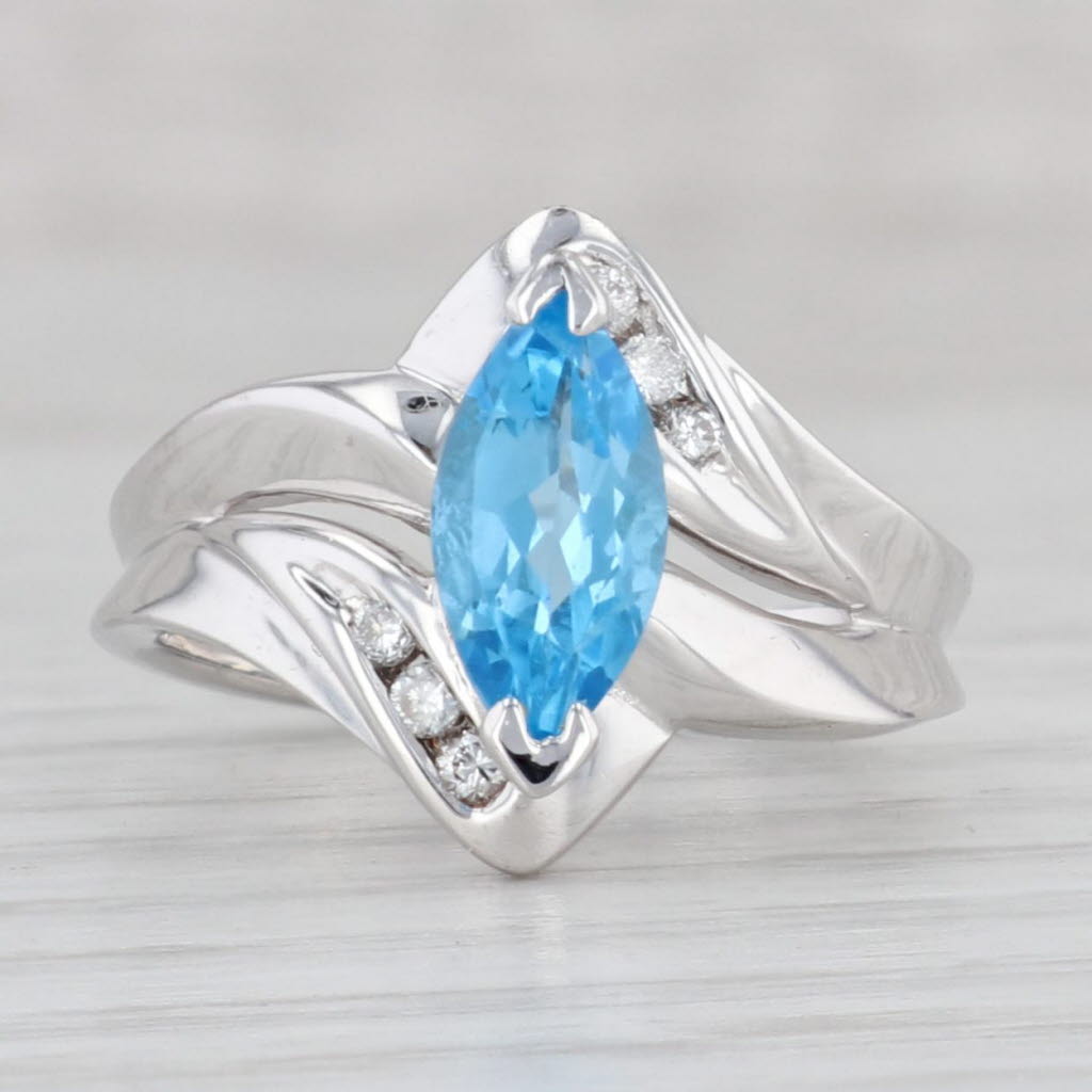 Light Gray 1.40ctw Marquise Blue Topaz Diamond Ring 14k White Gold Size 5.25 Bypass