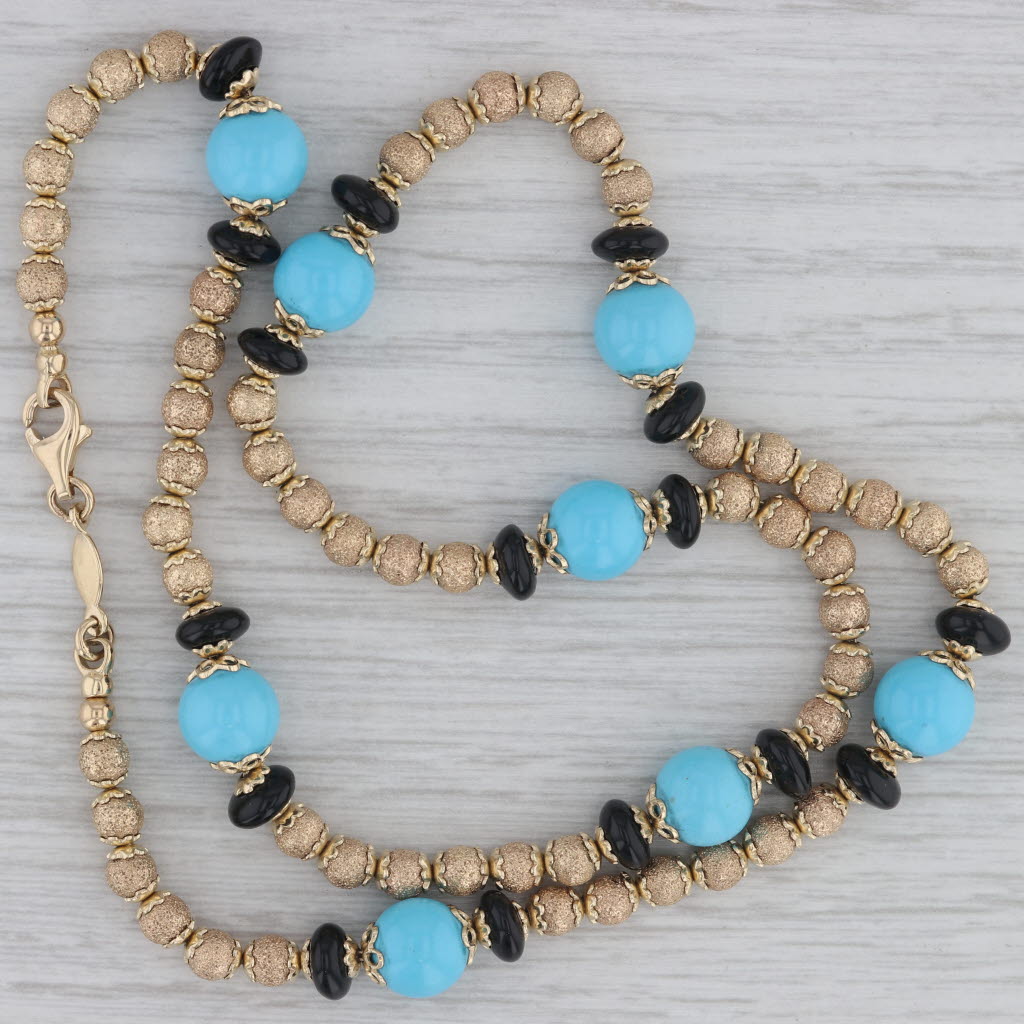 Gray Faro Italy Simulated Turquoise Onyx Bead Strand Necklace 14k Yellow Gold 17"