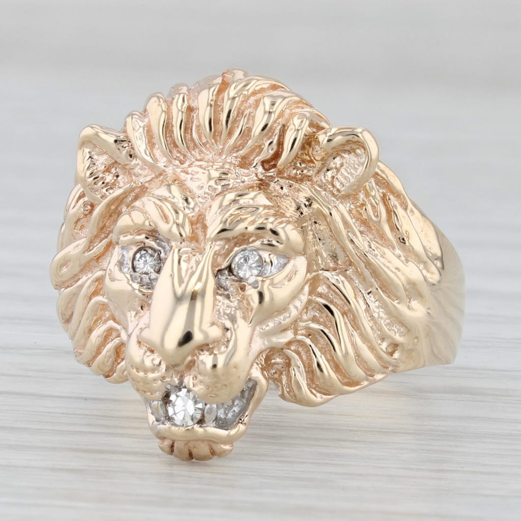 Gray Diamond Lion Statement Ring 10k Yellow Gold Size 10.5