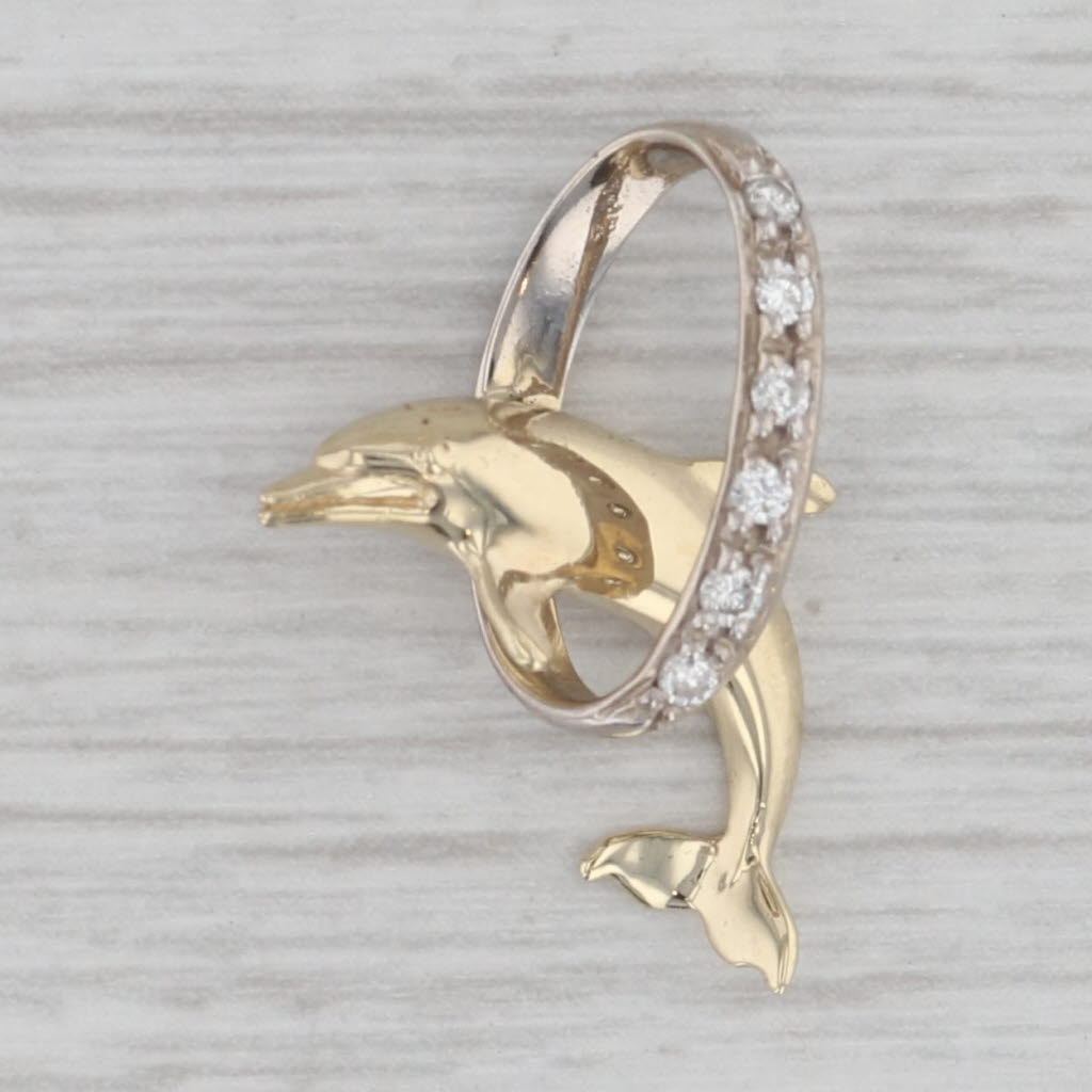 Gray Dolphin Jumping through Diamond Hoop Pendant 14k White Yellow Gold