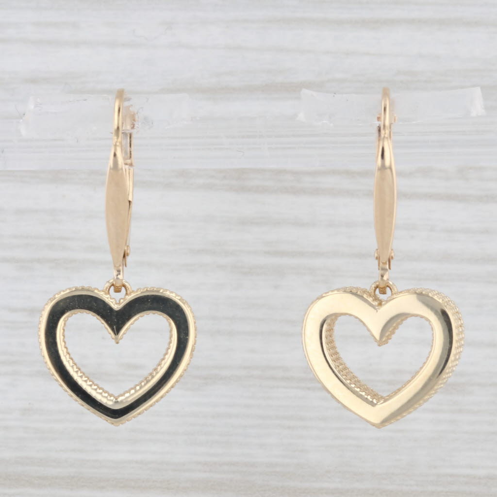 Light Gray Open Heart Dangle Earrings 14k Yellow Gold Lever Back Drops