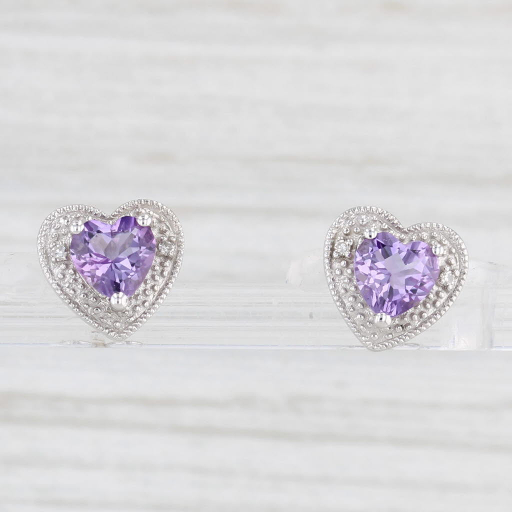 Light Gray 0.80ctw Amethyst Heart Stud Earrings 10k White Gold Diamond Accents