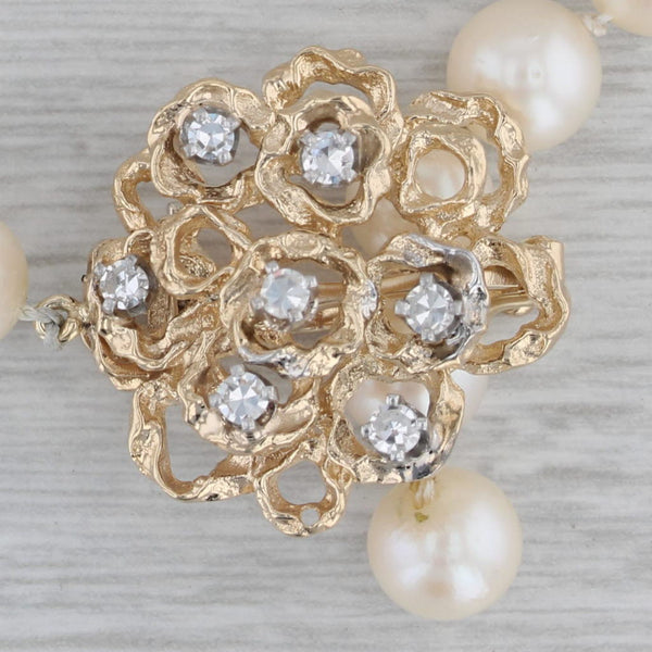 0.15ctw Diamond Flower Pendant Pearl Strand Necklace 14k Gold 33" Adjustable