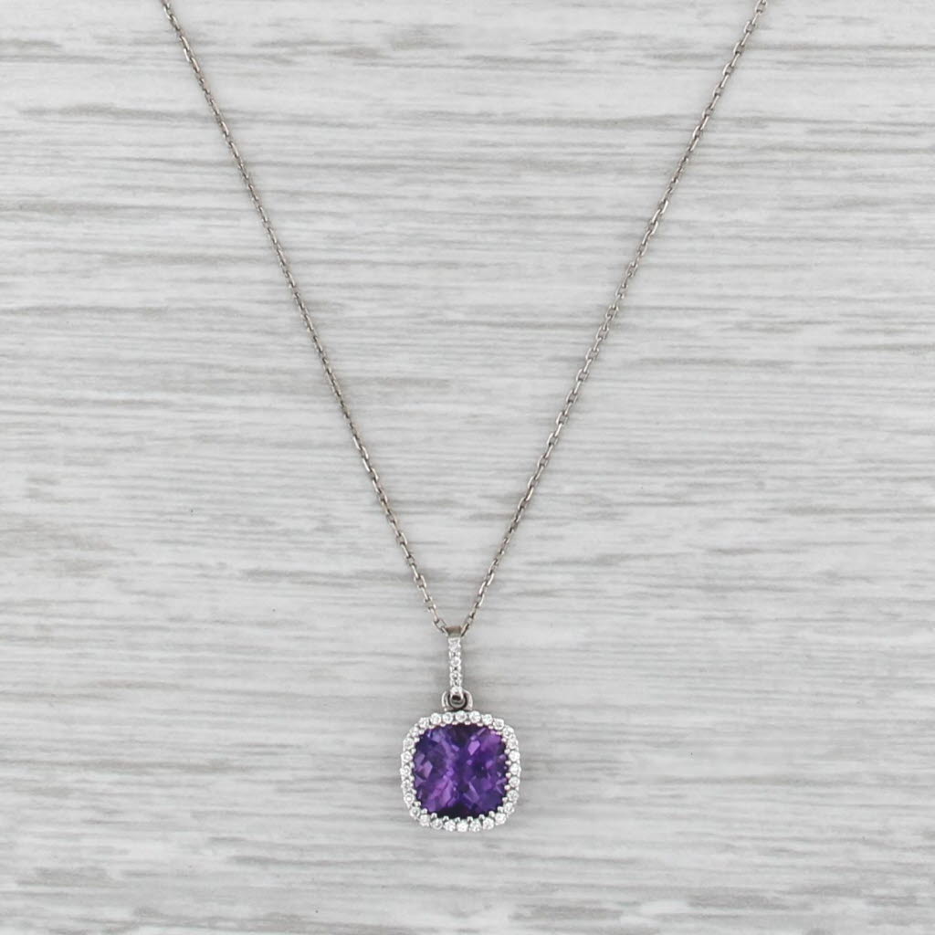 1.47ctw Amethyst Diamond Halo Pendant Necklace 18k White Gold 16.25" Cable Chain