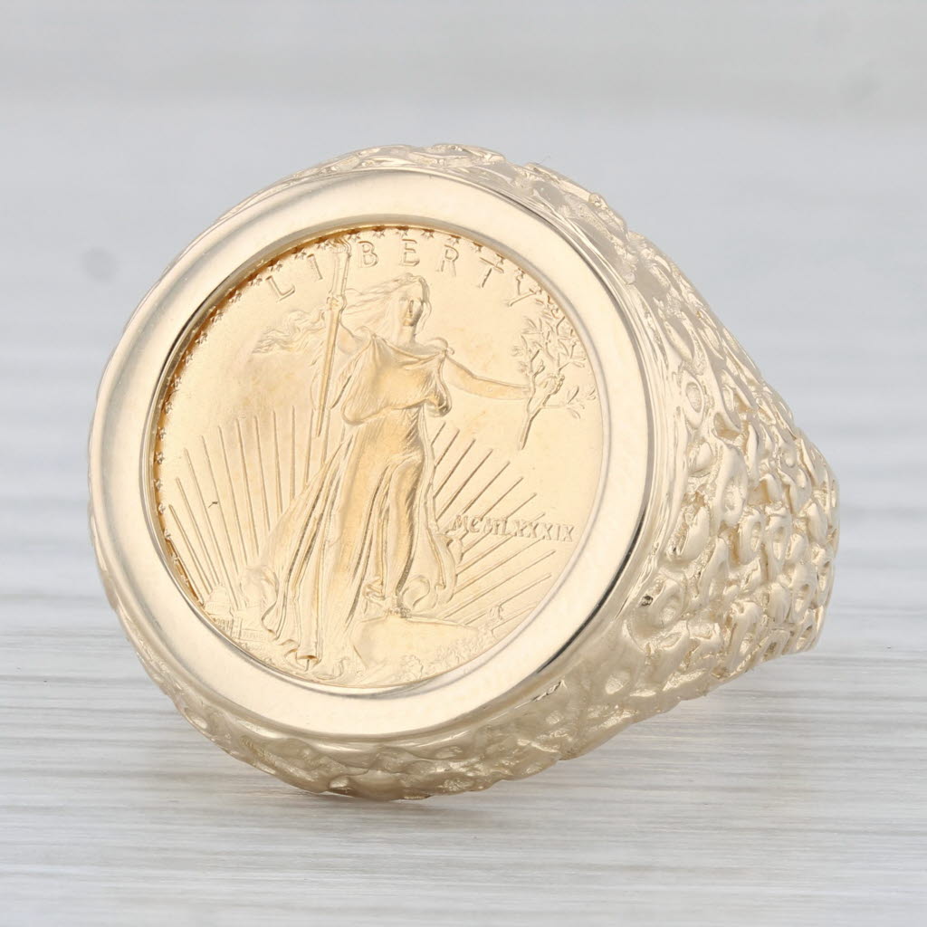 Light Gray 1989 1/10ozt 5 Dollar American Eagle Coin Ring 14k 22k Yellow Gold Signet Sz 10