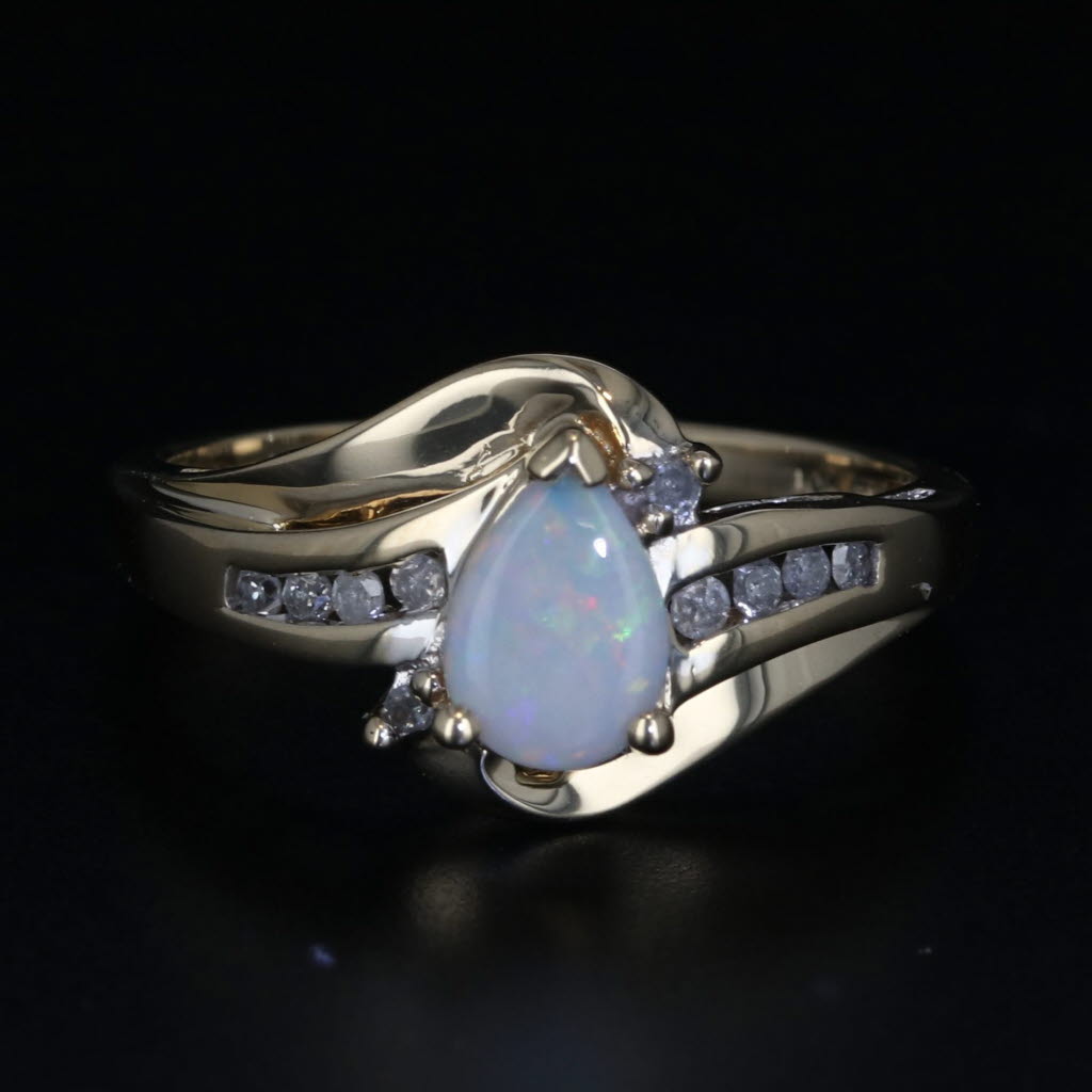 Black Pear Opal Diamond Ring 10k Yellow Gold Size 7.25
