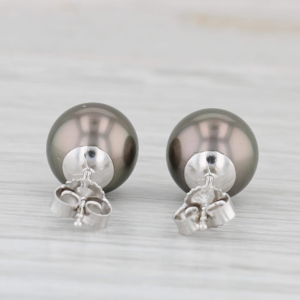 Light Gray Black Cultured Pearl Solitaire Stud Earrings 14k White Gold Round Bead Studs