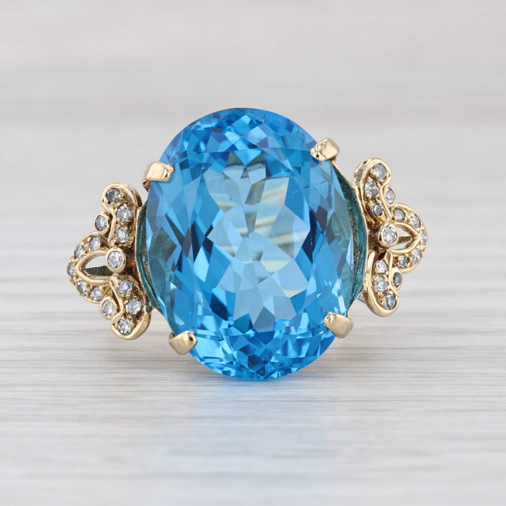 22.66ctw Oval Blue Topaz Diamond Cocktail Ring 14k Yellow Gold Size 8.75