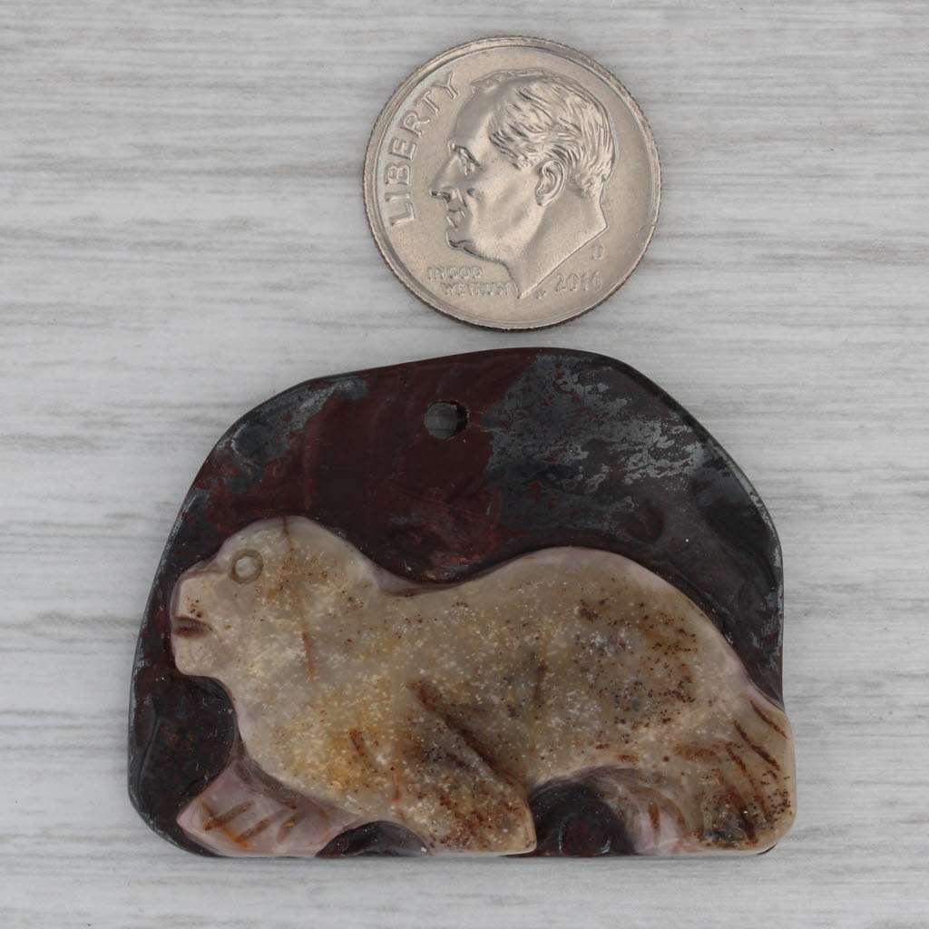 Vintage Jasper Hematite Carved Seal Pendant Marbled Brown Stone