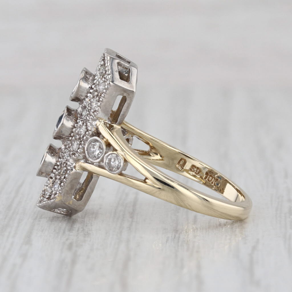 0.61ctw 3-Stone Blue Sapphire Diamond Halo Ring 10k White Yellow Gold Size 6.75