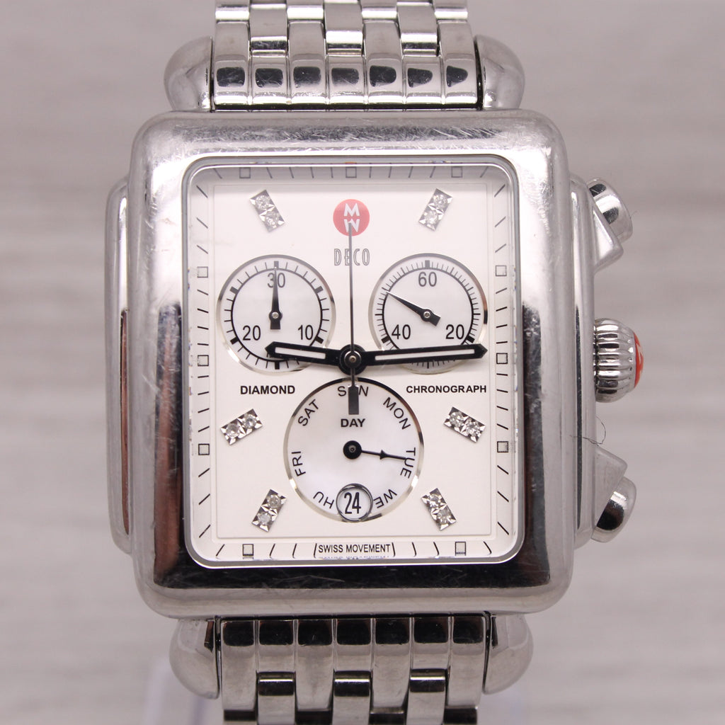 Michele Deco XL Steel Quartz Chronograph Watch Diamond MOP Dial