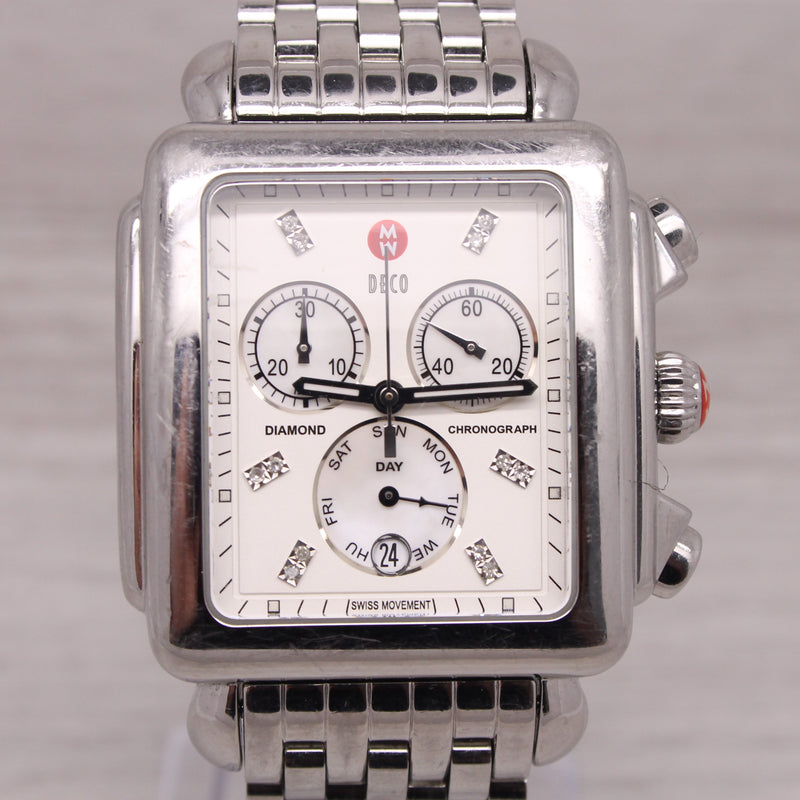 Michele Deco XL Steel Quartz Chronograph Watch Diamond MOP Dial MW06Z00A0046