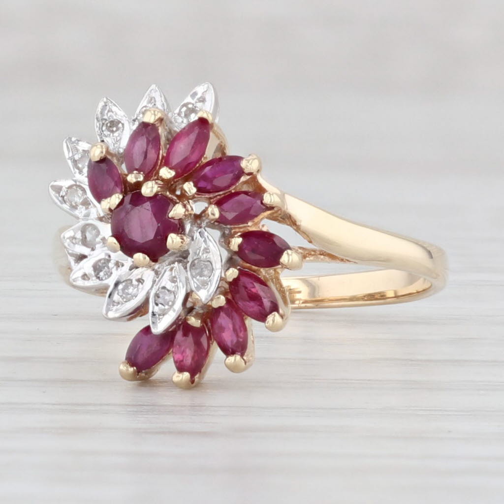 Light Gray 0.83ctw Ruby Diamond Swirl Flower Cluster Ring 14k Yellow Gold Size 8