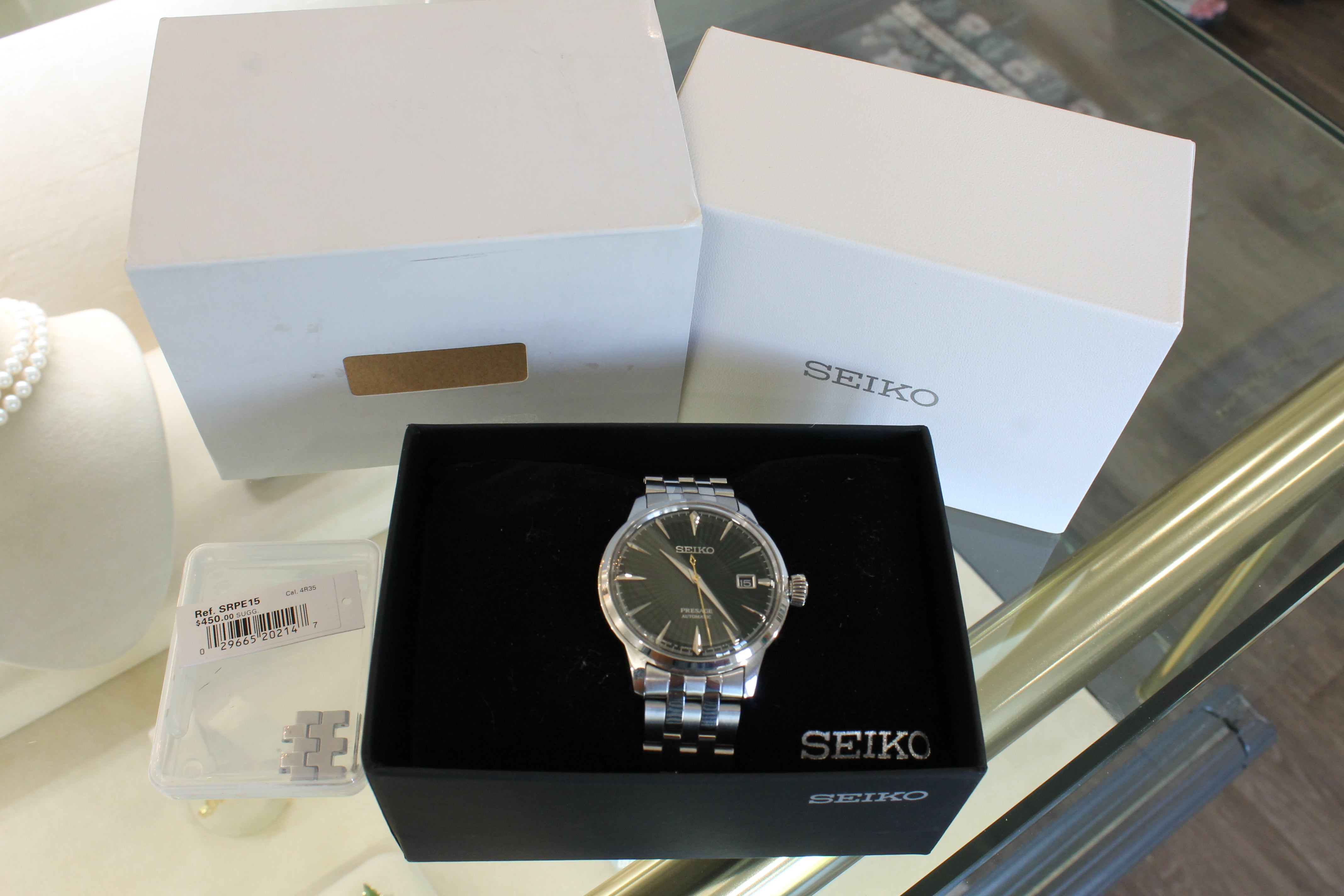 Seiko Presage Mens Watch 40.5mm Steel Swiss Date Auto Green Dial SRPE15 Box